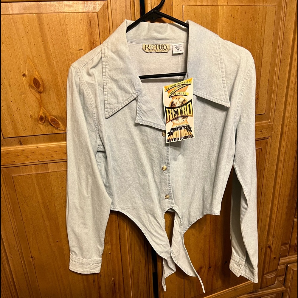 Womens denim crop top with tie up at bottom by Retro size Medium !